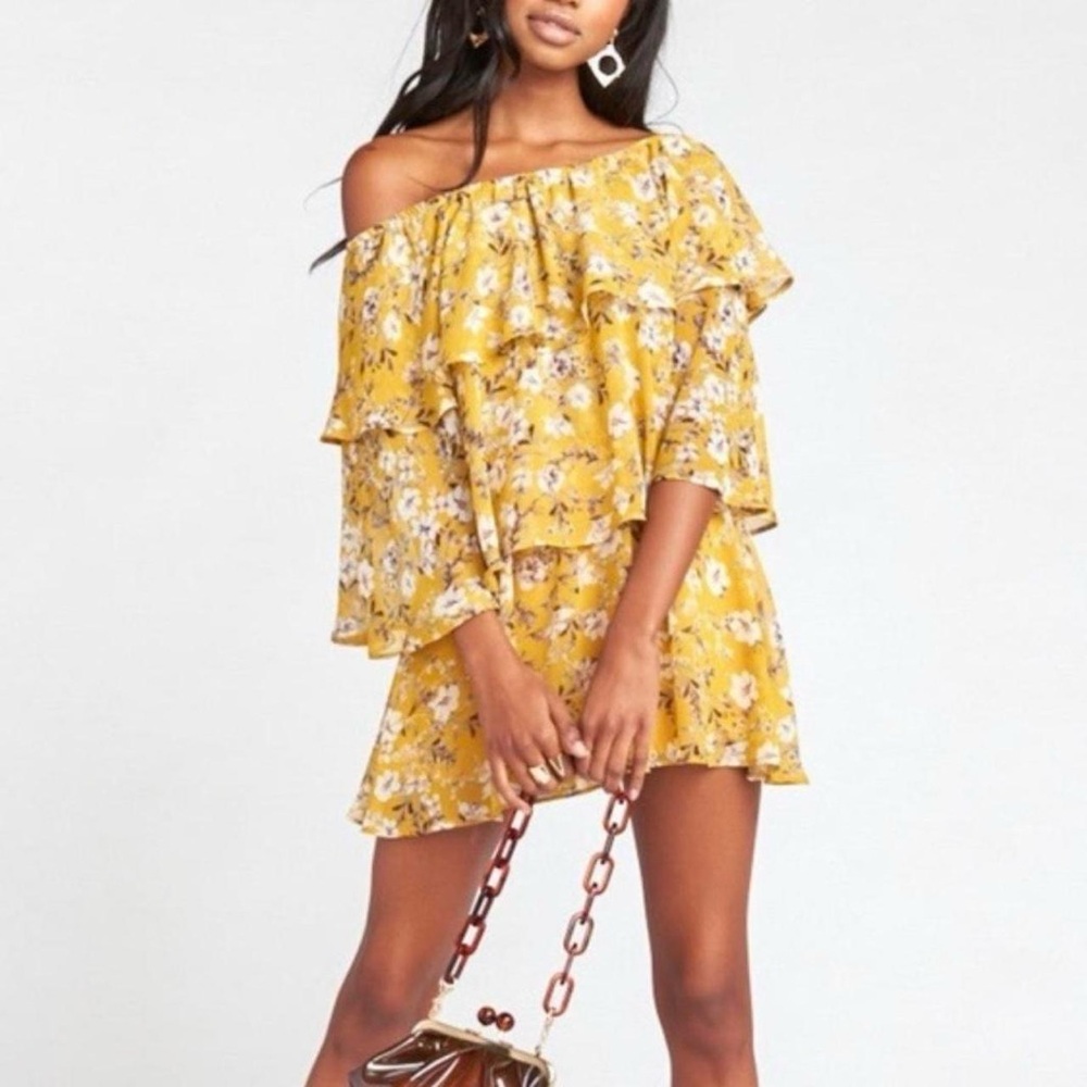 Show Me Your Mumu Yellow Floral Off-Shoulder Chiffon Boho Romper - Small